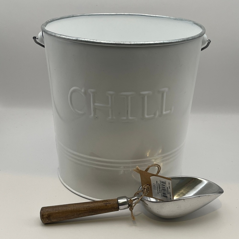 Mud Pie White Enamel Ice Bucket with Scoop Chill Farmhouse Barware 48060091 NEW